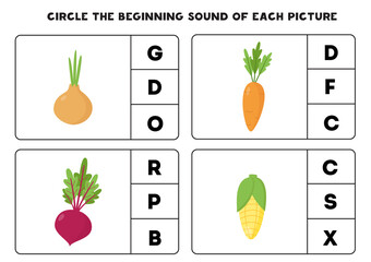 Worksheet for kids. Find the beginning sound. Cartoon vegetables.