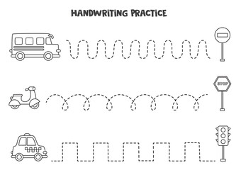 Tracing lines with black and white transport. Writing practice.