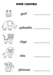 Worksheet for kids. Write the missing letter. Black and white wild animals.