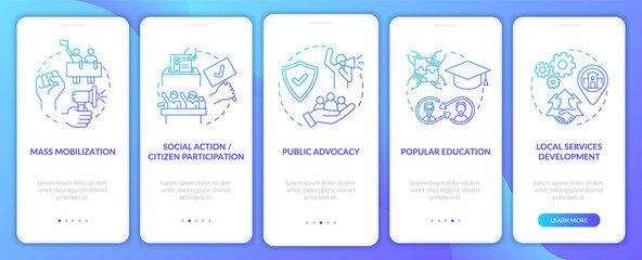Social unit change strategies onboarding mobile app page screen with concepts. Social action walkthrough 5 steps graphic instructions. UI, UX, GUI vector template with linear color illustrations