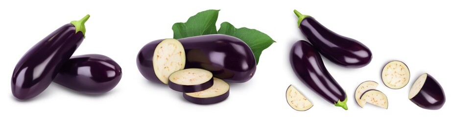 Eggplant or aubergine isolated on white background with full depth of field, Set or collection - obrazy, fototapety, plakaty
