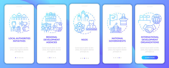 Social unit progress programs onboarding mobile app page screen with concepts. Regional agencies walkthrough 5 steps graphic instructions. UI, UX, GUI vector template with linear color illustrations