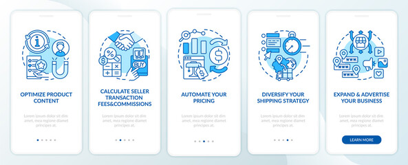Online market place success onboarding mobile app page screen. Calculate commissions walkthrough 5 steps graphic instructions with concepts. UI, UX, GUI vector template with linear color illustrations