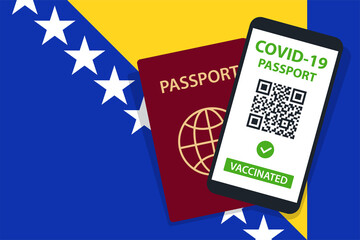 Covid-19 Passport on Bosnia and Herzegovina Flag Background. Vaccinated. QR Code. Smartphone. Immune Health Cerificate. Vaccination Document. Vector