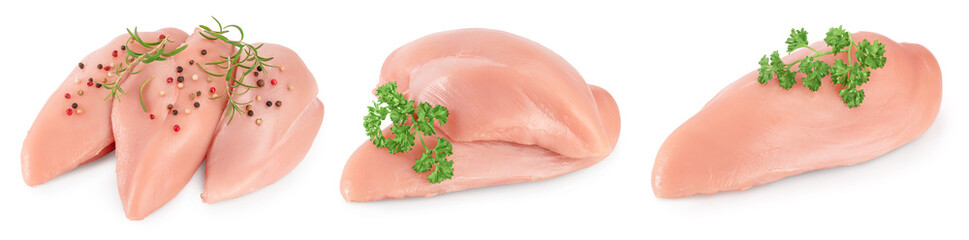 Fresh chicken fillet isolated on white background with full depth of field. Set or collection