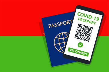 Covid-19 Passport on Burkina Faso Flag Background. Vaccinated. QR Code. Smartphone. Immune Health Cerificate. Vaccination Document. Vector