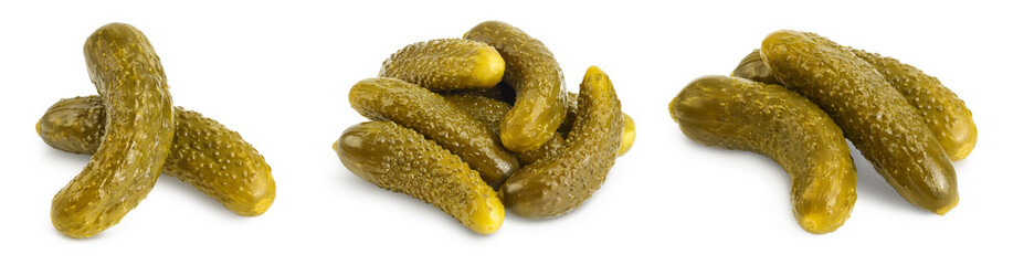 Marinated pickled cucumber isolated on white background with full depth of field. Set or collection