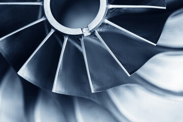 Macro steel blades of turbine propeller blue color - obrazy, fototapety, plakaty