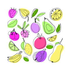 Fruit vector illustration. Healthy and fresh food. Doodle illustration bananas, dates, pear, apple, lemon, lime, avocado, plum, strawberry, cherry, physalis, stuck. Printing on fabric, glass