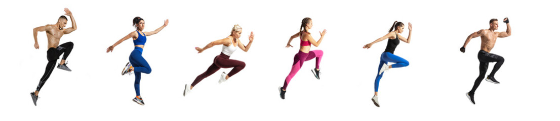 Development of motions of young athletic fit men and women in action isolated over white background. Flyer.