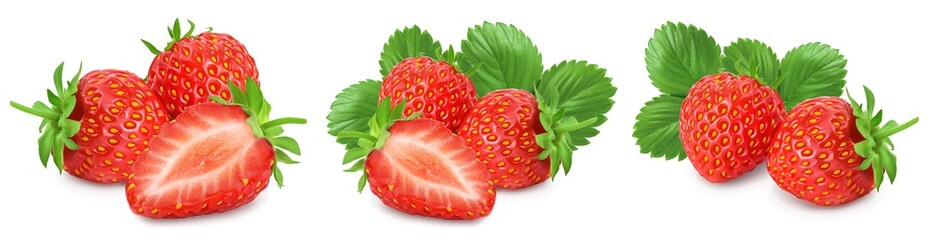 Strawberry and half isolated on white background. Fresh berry with full depth of field. Set or collection