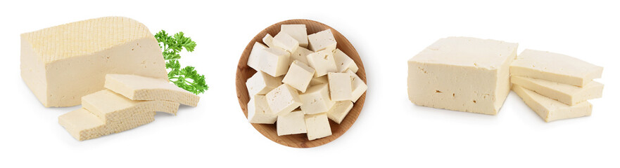 tofu cheese isolated on white background with clipping path and full depth of field, Set or collection