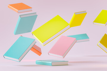 Illustration of pastel colored books flying around, 3D rendering