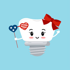 4 th of July tooth dental implant isolated. Orthodontist dentistry cute tooth implant character with american color glasses. Flat cartoon vector american independence clip art illustration.