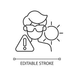 Overexposure to sun linear icon. Person in sunglasses on beach risking sunstroke. Thin line customizable illustration. Contour symbol. Vector isolated outline drawing. Editable stroke