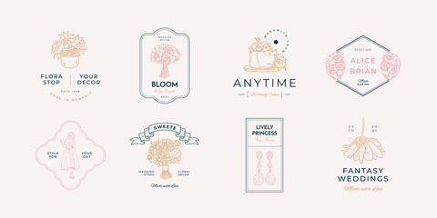 Trending logo template for wedding, wedding agency, decor, wedding decor, photographer, event agency. Elegant typography, linear illustration, line art