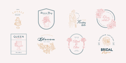 Trending logo template for wedding, wedding agency, decor, wedding decor, photographer, event agency. Elegant typography, linear illustration, line art