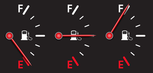 Vertical fuel meter set indicating empty, half, full tank vector design. Gas level illustration on black background to use in transportation, logistics, car consumption projects.
