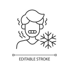 Chills linear icon. Man shiver from cold. Person in cool weather. Human freeze in low temperature. Thin line customizable illustration. Contour symbol. Vector isolated outline drawing. Editable stroke