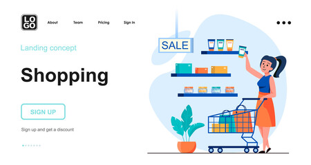 Shopping web concept. Woman buys cosmetics in store on sale. Buyer makes purchases at supermarket. Template of people scene. Vector illustration with character activities in flat design for website
