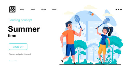 Summer time web concept. Man and woman play tennis in city park, couple go in for sports together. Template of people scene. Vector illustration with character activities in flat design for website