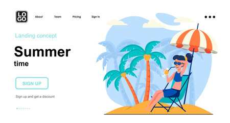 Summer time web concept. Woman relaxing on beach, sunbathing lying in sun lounger at seaside resort. Template of people scene. Vector illustration with character activities in flat design for website