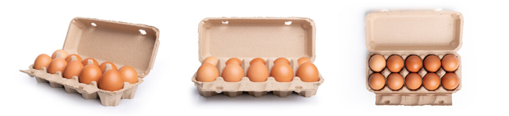 10 fresh eggs raw in a carton box on white background. Ten fresh chicken eggs