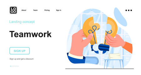 Teamwork web concept. Colleagues cooperate, successfully develop and improve business together. Template of people scene. Vector illustration with character activities in flat design for website