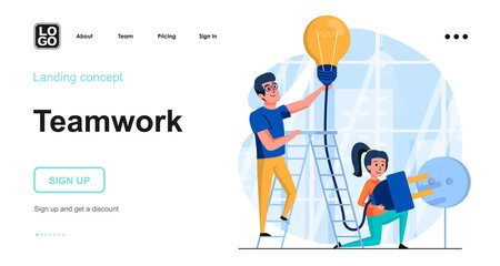 Teamwork web concept. Employees work together, complete work tasks, drive business innovation. Template of people scene. Vector illustration with character activities in flat design for website