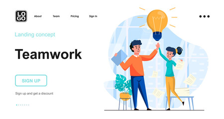 Teamwork web concept. Team of employees working together, motivation, good communication at office. Template of people scene. Vector illustration with character activities in flat design for website