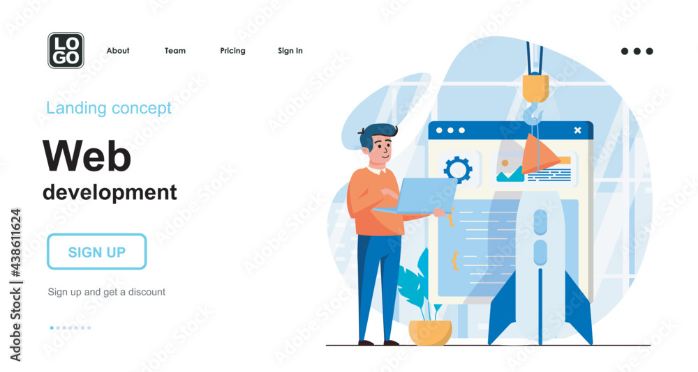 Poster Web development web concept. Developer creates page layout, building site, develop startup business. Template of people scene. Vector illustration with character activities in flat design for website