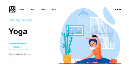 Yoga web concept. Woman practicing asanas, doing fitness training at home. Sport healthy lifestyle. Template of people scene. Vector illustration with character activities in flat design for website