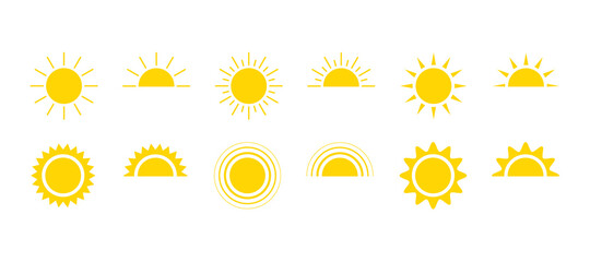 Yellow sun icon set, sunshine and solar glow, sunrise or sunset. Decorative circle full and half sun and sunlight. Hot solar energy for tan. Vector sign - obrazy, fototapety, plakaty