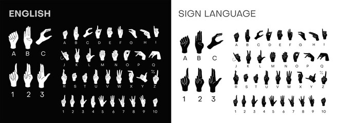 American Sign Language ASL Alphabet and numbers. Dactyl alphabet. Deaf-mutes hand language. Learning alphabet, nonverbal deaf-mute communication. Vector 