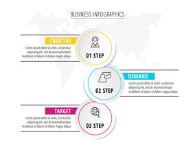 Vector infographics with three circles. Modern concept 3 icons with labels for the app, website, interface, chart, levels, web, diagram, banner, presentations