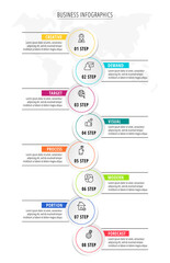 Vector infographics with eight circles. Modern concept 8 icons with labels for the app, website, interface, chart, levels, web, diagram, banner, presentations