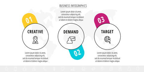 Line vector infographics with three circles. Modern concept 3 icons with labels step by step for the app, business, website, interface, chart, levels, web, diagram, banner, presentations