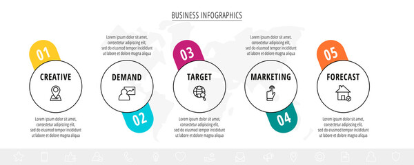 Line vector infographics with five circles. Modern concept 5 icons with labels step by step for the app, business, website, interface, chart, levels, web, diagram, banner, presentations