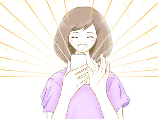 光り輝くスマホと笑顔で喜ぶ若い女性　白背景