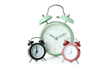Stylish alarm clocks isolated on white background