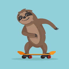 Sloth riding skateboard. Funny animal in cartoon style.