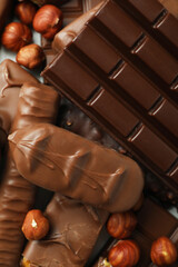 Different tasty candy bars and nuts, close up