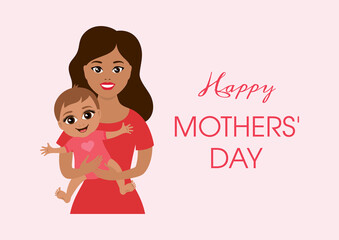 Happy Mother's Day Poster with beautiful woman holding small cute baby vector. Young mother holding her baby girl in her arms vector. Smiling baby with mother icon. Important day