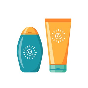 Sunscreen cream in tube and after sun lotion in bottle symbol. Moisturizing and protection for the skin from solar ultraviolet light. Flat icon. Vector illustration isolated on white background
