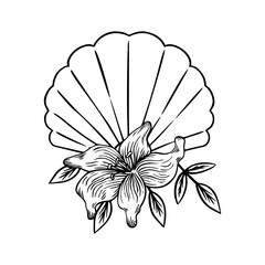 Seashell with lilies thin line icon, animal and underwater, shell sign vector graphics, a linear pattern on a white background, eps 10.