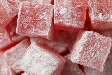 Delicious turkish delight cubes, close up and selective focus
