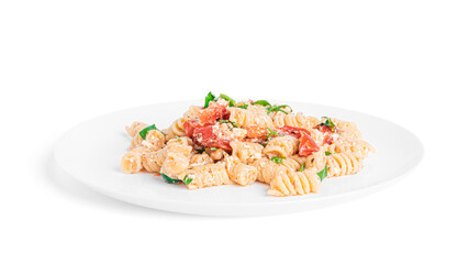 Pasta with feta cheese, tomatoes and herbs isolated on a white background. Feta pasta.