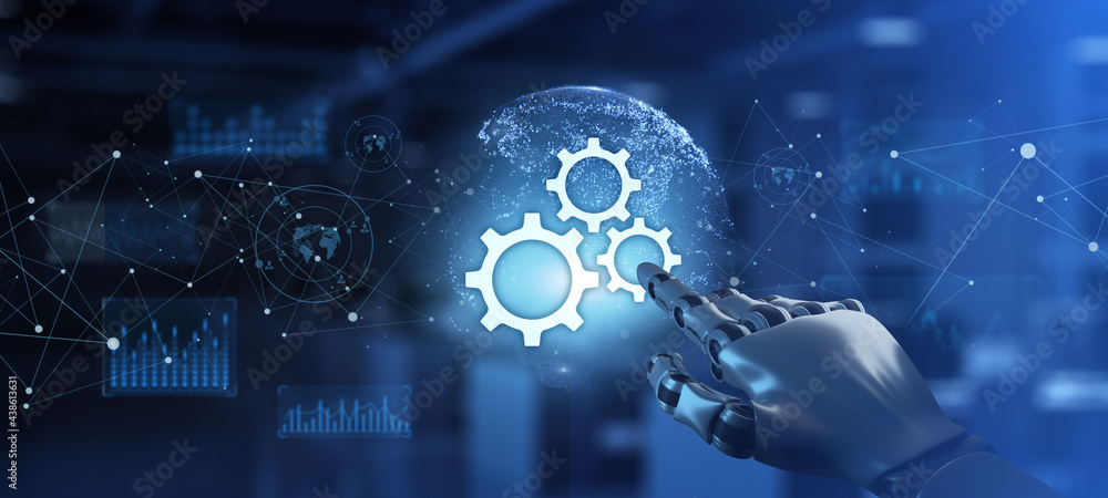 Aufkleber gears icons automation rpa business technology concept. robotic arm 3d rendering.