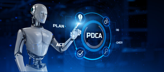 PDCA Plan do check act cycle. Robot pressing virtual button 3d render illustration.