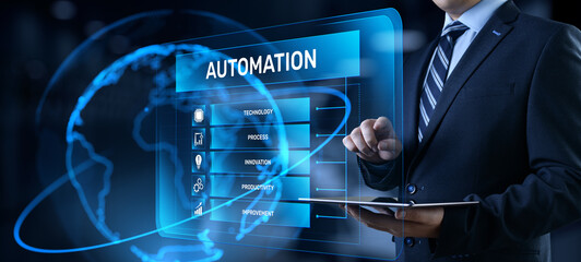 Automation Innovation technology concept. Businessman pressing button on screen.